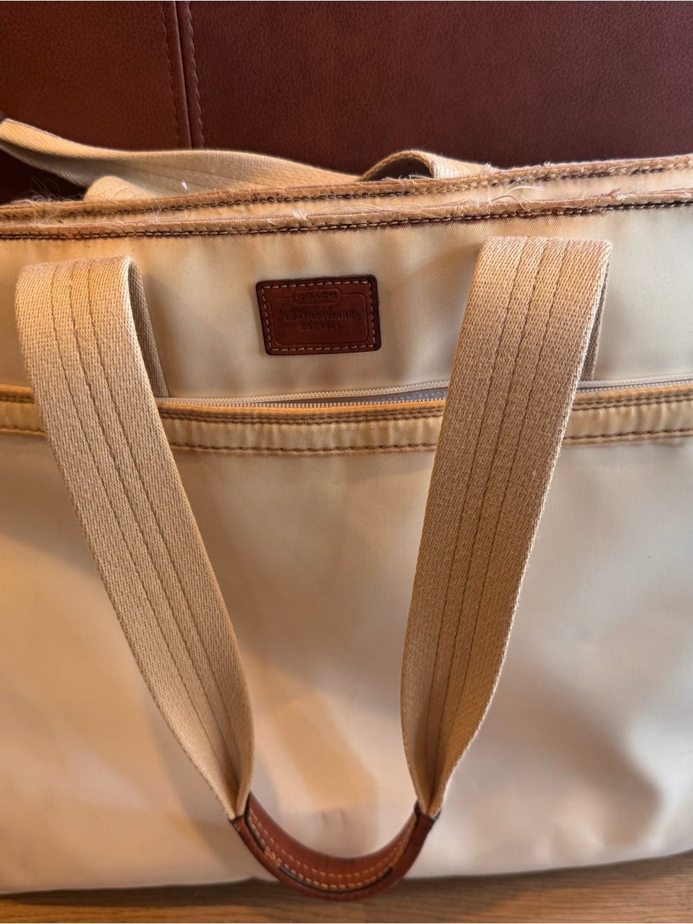 Coach Cream Canvas Tote with Tan Leather Trim